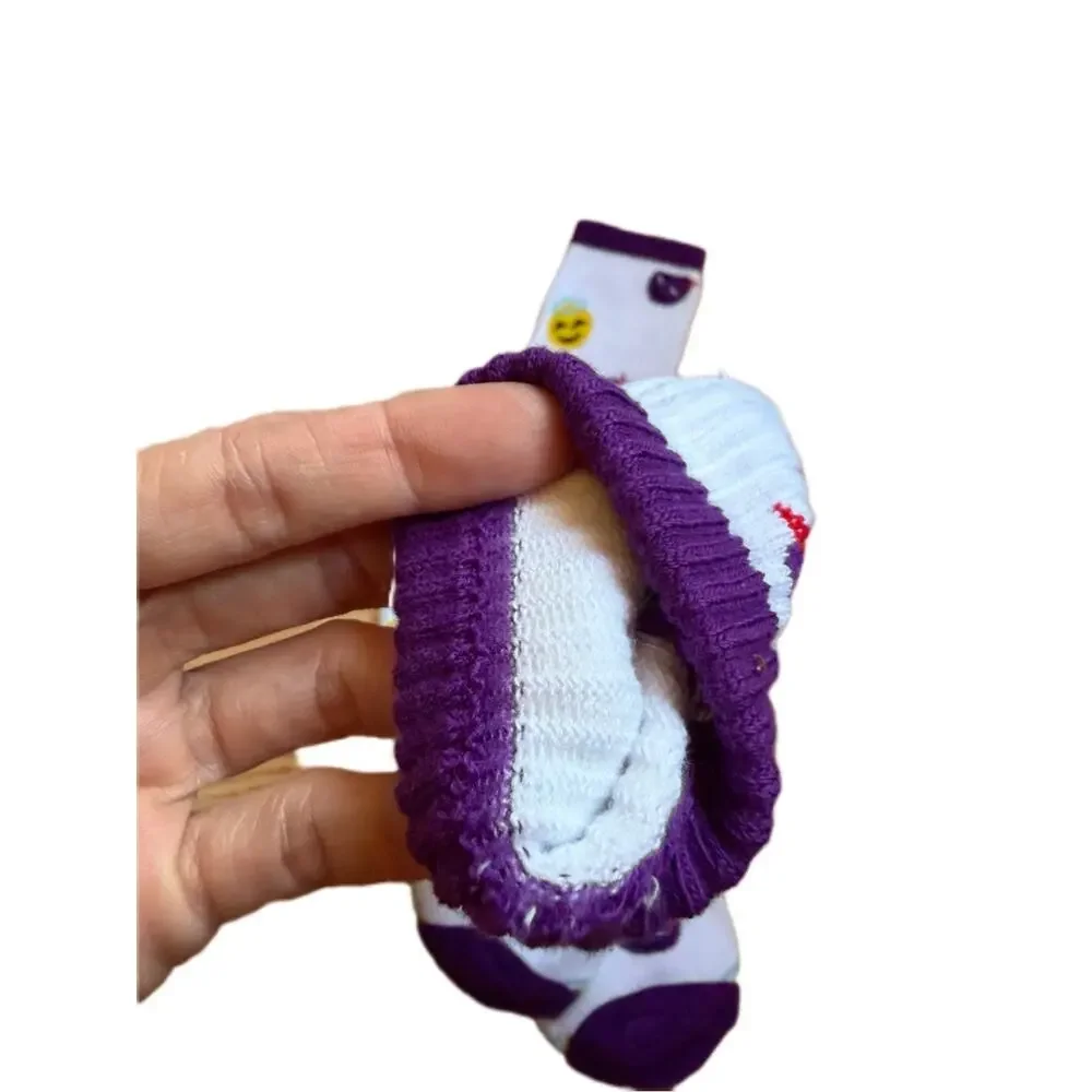 White Emoji Crew Socks with Yellow and Purple Accents devil and angel